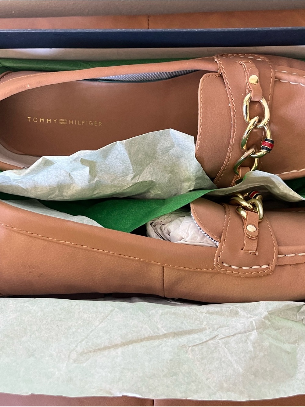 Tommy Hilfiger Camel Leather Chain Loafers with Gold Hardware